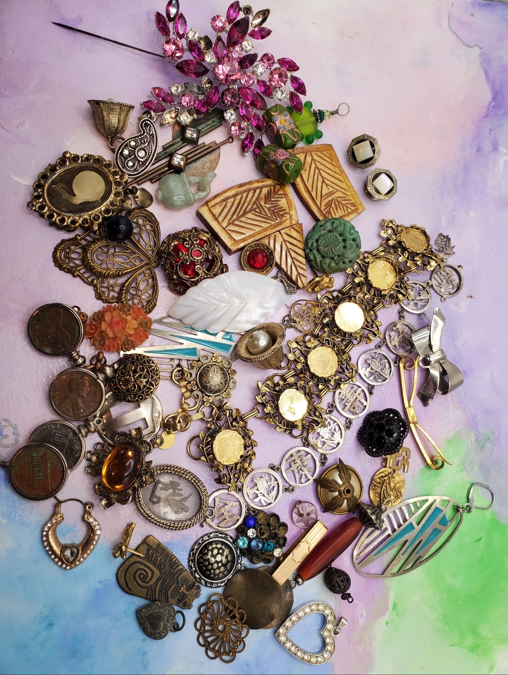 Vintage Jewelry Art Craft Lot Rhinestone Broken Bracelets Earrings Copper Charms